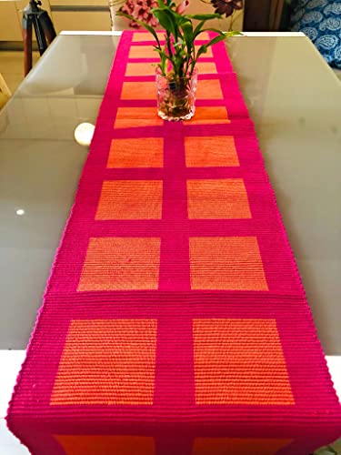 Image of Rangbhar Handloom Ribbed Cotton Table Runner for Living /Dining Room /Home Decor, Anti Skid, Reversible, Machine Washable, 12 X 72 inches, Striped, Pink Orange Box