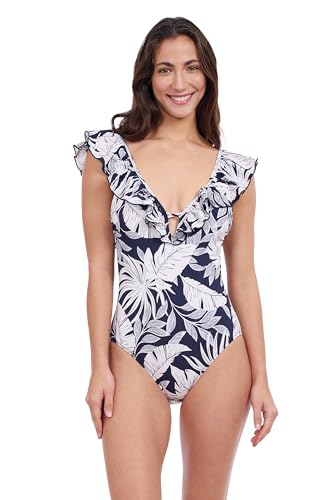 Profile by Gottex Malaya Women’s Tropical Print One Piece Bathing Swimsuit with Ruffle Deep Plunge V-Neck - Swim Essential
