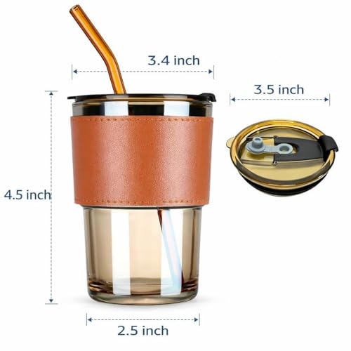 Image of Glass Coffee Cup with Straw & Lid, Anti Skid Leather Sleeve Grip Handle Tumbler Mug for Hot & Cold Beverages,Tea Coffee Smoothies Juice 400ML(Set of 1)