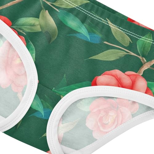 Cotton Toddler Girls Underwear Watercolor Red Camellia Flowers Green Little Girl Panties Flower Undies Kids Briefs 2t4