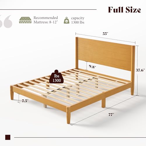 Image of AMERLIFE Solid Wood Full Size Bed Frame, Mid Century Modern Platform Bed with Full Panel Headboard, Noise-Free & Cylindrical Legs, No Box Spring Needed, Under-Bed Storage, Natural Wood