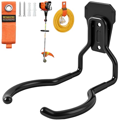 WETOECOTEC Heavy Duty Garden Power Tool Hanger Garage Storage Utility Hooks with Storage Straps Electric Tool Hooks String Trimmer Hangers Garden Tool Organizer Weedeater Rack (1 Black)