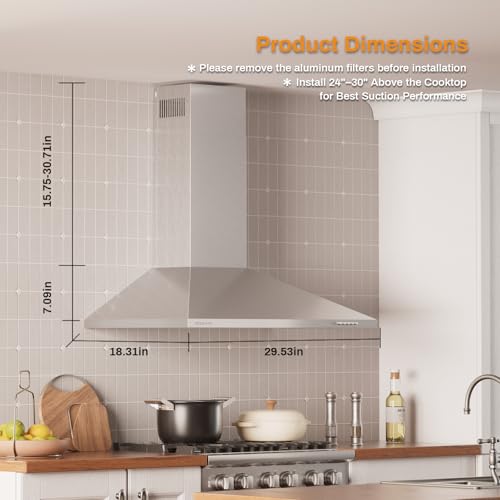 Image of 30 Inch Wall Mount Range Hood Stainless Steel Ducted /Ductless Convertible Kitchen Exhaust Hood with 450 CFM Motor, 3 Speed Fan, LED Lighting and Dishwasher Safe Filters