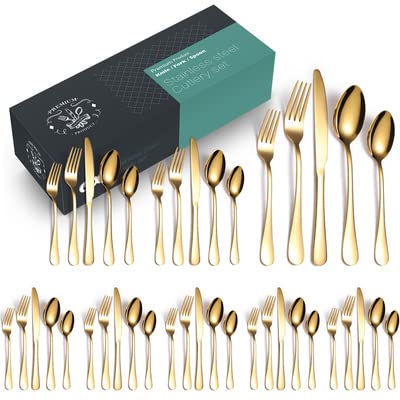 Vajillas, Kitchen VSHINY - Juego de vajilla oro de 40 piezas, Cuchillo, tenedor, cuchara,tableware Cubertería dorada servicio para 8,espejo pulido,apto para lavavajillas…