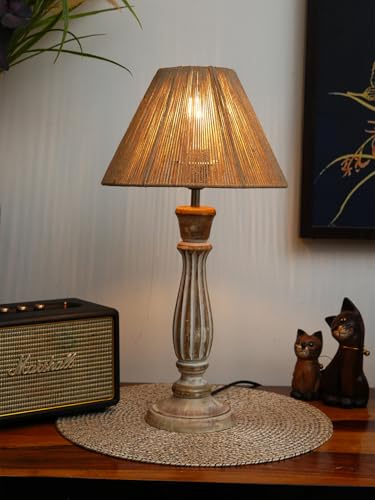 Image of Green Girgit Wooden Distress White Athens Lamp with Taper Brown Dori Shade