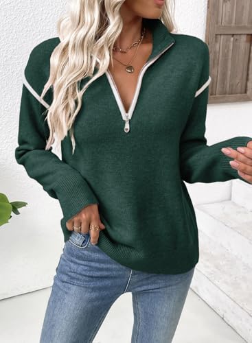 EVALESS Womens Sweaters V Neck Long Sleeve Quarter Zip Collared Ribbed Knit Dressy Casual Pullover Sweaters Outfits2