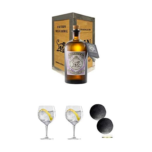 Monkey 47 Schwarzwald Dry Gin 0,5 Liter in Monkey Holzkiste + Spiegelau Gin & Tonic Glas 4390179 + Spiegelau Gin & Tonic Glas 4390179 + Schiefer Glasuntersetzer RUND ca. 2 x 9,5 cm Durchmesser