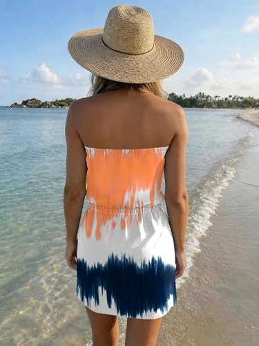 Image of Summer Dress for Women Strapless Beach Cover Ups Boho Sundress Mini Dress Drawstring Waist with Pockets