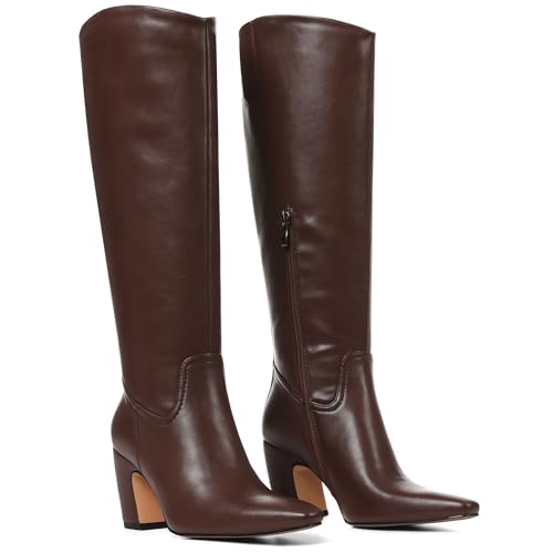 Oiamenne Knee High Boots for Women Soft Square Toe Chunky Heel Tall Boots Comfortable Wide Calf Long Boots with Side Zipper