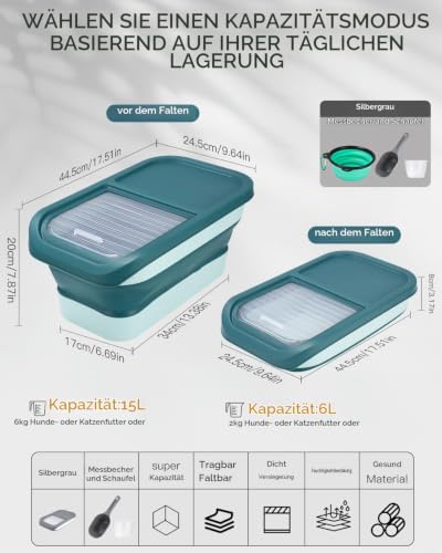 Zawaer Hundefutter Aufbewahrung, Pet Food Container 5kg,Trockenfutter BehäLter, Hundefutterbox, Futterbehälter für Haustiere Faltbar mit Deckel Löffel Messbecher (Grün)