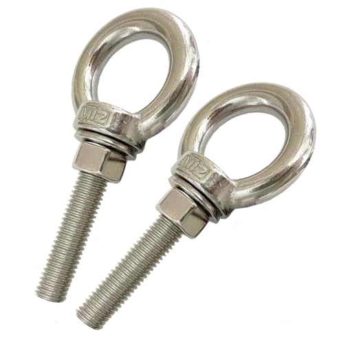 Image of 304 Stainless Steel Shoulder Eye Bolts, 2 PCS M12 Heavy Duty Eye Bolt Lifting Ring 2.4 inch Threaded Eyebolt with Nuts and Flat Washers(Thread Length 60mm) Muti-Function for Indoor Outdoor