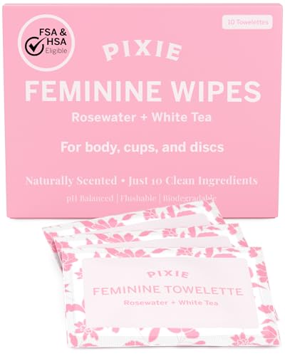 Pixie Feminine Wipes Naturally Scented Rosewater + White Tea Flushable Biodegradable & pH Balanced Individually Wrapped Wipes for On The Go Cleaner for Menstrual Cups & Discs (10 Count)