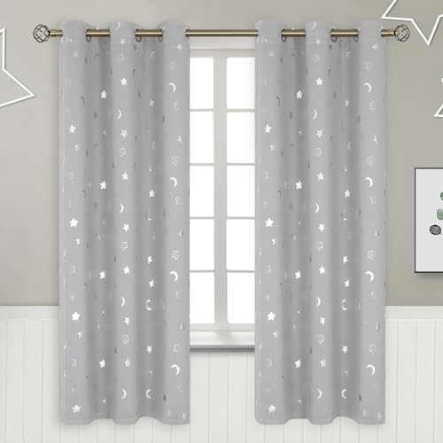 Image of BGment Nursery Curtains for Kids Room, Star and Moon Blackout Curtains for Girls Boys Bedroom, Room Darkening Thermal Insulated Decoration Window Grommet Curtains, 2 Panels of 42 x 72 Inch, Light Grey