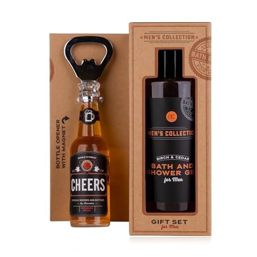 Accentra Coffret cadeau MEN'S COLLECTION en papier kraft avec gel de bain 150 ml et gel douche, décapsuleur en forme de bouteille de bière, parfum bouleau et cèdre – Marron