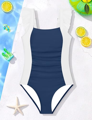 Image of Girls Swimsuit Ruffle Solid One Piece Bathing Suits 7-18 Years | Teen Bathing Suits for Girls Ruched Sleeveless Girls' Swimwear