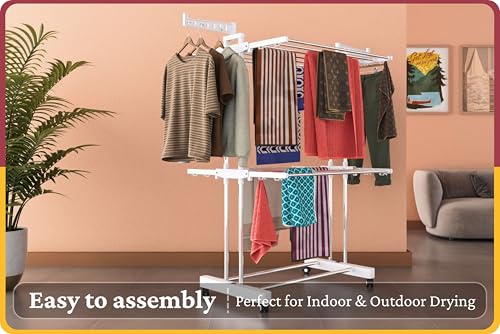 Image of Amiraj Premium Stainless Steel Clothes Drying Stand | 2 Tier 2 Pole Foldable Laundry Rack with Wheels & Sock Holder | Heavy Duty Indoor & Outdoor Cloth Dryer for Balcony, Terrace & Home - White