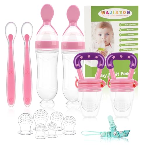 Image of WAJIAYON Baby Fruit Feeder Pacifier - 6 Pack | 2 Infant Food Feeder Pacifier & 2 Baby Food Dispensing Spoon | Fresh Fruit Teethers for Babies | Silicone Feeder Babies,Infant Teething Feeders (Pink)