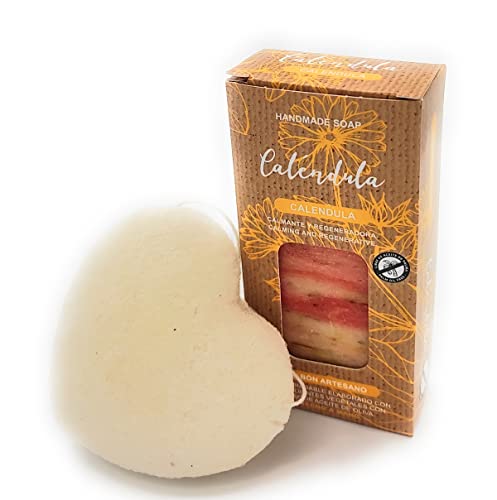 Jabón Natural Caléndula Para Manos, Cuerpo y Cara de Piel Sensible Para Mujer, Hombre y Adolescente, Pastilla Sólida Artesanal, Vegano sin Aceite de Palma, Hecho en España (100 gr.) Esponja Konjac