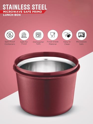 Image of PRESCO Stainless Steel Teso Container Set | Microwave Safe and Dishwasher Safe Food Storage Bowls with Airtight Lids | Leak-Resistant Lunch Bowls (Set of 3) (Mehroon)