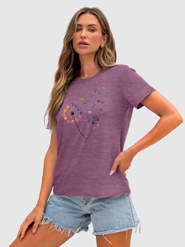 Image of Anbech Womens Dandelion Graphic T-Shirts Teen Girls Cute Sunflower Print Casual Tee Tops