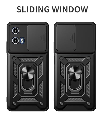 Image of SPAZY CASE Moto G35 5G Back Case | Heavy Duty Hybrid Case with 360 Degree Rotating Finger Ring Holder + Slider Shutter Camera Protection Cover for Moto G35 5G 5G - Black