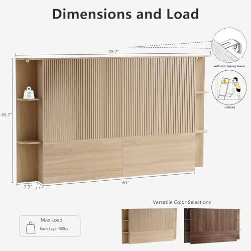 FORTURETEC Queen Size Headboard Only, 63\" Wide Wooden Headboard with Storage, Modern Farmhouse Head Board, Wall Mounted Headboard Queen Size, Fluted Panel, Wingback Boho Head Board, Oak