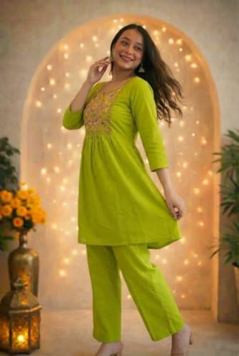 Image of Women's Rayon Embroidered Kurti with Pant Set | Floral Yoke Design | 3 /4 Sleeve Ethnic Co-Ord Set | Regular Fit Traditional Outfit