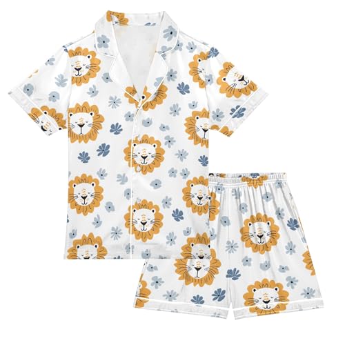 Cartoon Cute Lion Face Prints Summer Satin Pajama Set, Cute Button-Down Sleepwear Pj Set for Sleep Wears