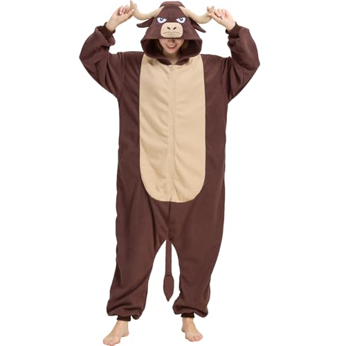 CUTTUECD Adult Bull Onesie Animal Halloween Costume One-Piece Cosplay Pajamas for Men and Women
