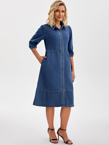 Women's Denim Dress Puff 3/4 Sleeve Button Up Collar A Line Swing Ruffle Tiered Midi Jean Dresses2