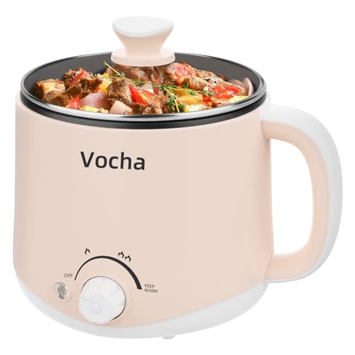 Vocha Electric Hot Pot with Keep Warm Function, 1.6L Non-Stick Electric Skillet, Portable Travel Cooker, Mini Multi-Cooker for Pasta Noodles, Soup, Boiled Eggs, Vegetables, Meat (Beige)