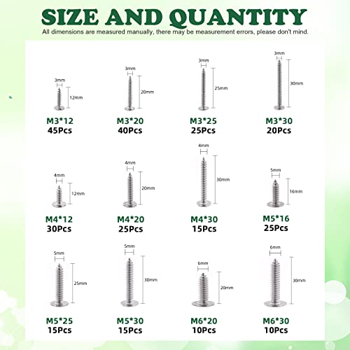 Keadic 275 Pcs 12 Sizes M3/M4/M5/M6 304 Stainless Steel Round Head Self Tapping Screws Assortment Set Phillips Drive Wood Screw Pan Head Sheet Metal Self-Drilling Screws - Image 2