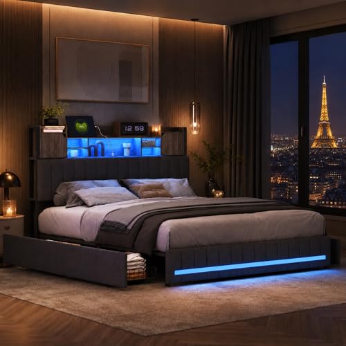 LIVLUX Lit 140x190 avec Sommier LED et USB,Lit Double rembourré avec sommier à Lattes et 4 Tiroirs,Tete de lit avec Rangement,2 Personnes pour Adultes et...