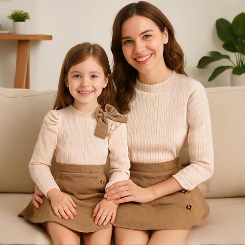 Toddler Girl Plaid Outfits Fall Winter Dress Knit Ribbed Bow Sweatshirt Tops and Button Fashion Skirts Set4