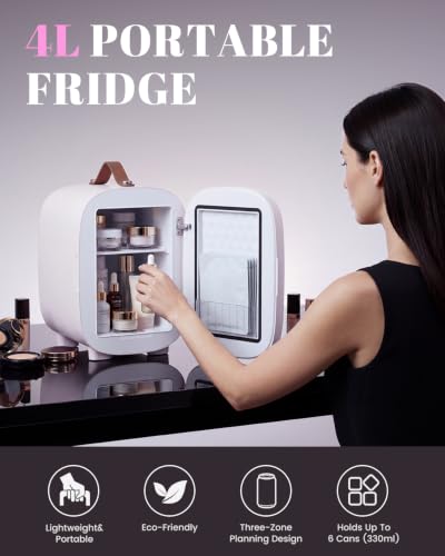 Image of Mini Fridge for Bedroom, 4 Liter /6 Can Skincare Fridge With LED Mirror & Leather Carrying Handle, AC /DC Cooler & Warmer Portable Small Refrigerator for Drinks, Makeup, Dorm, Office and Car(White)
