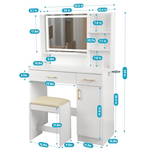 Image of QUALIKRAFT Widescreen Vanity Set with LED Mirror & Stool, Makeup Desk with Built-in Power Outlet, 2 Drawers & 6 Shelves, Wide Lighted Dressing Table