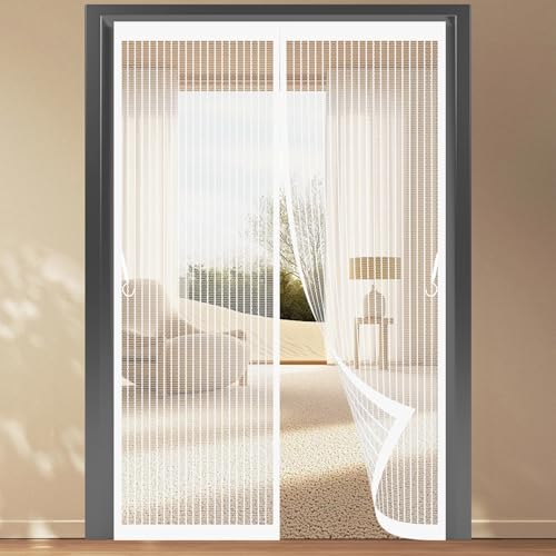 Mosquitera Corredera 153 x 250 cm Protección Contra Insectos, Malla Fina, Mantiene El Aire Fresco, Mosquitera Puerta Magnética para Puerta de Balcón, de Patio, Blanco