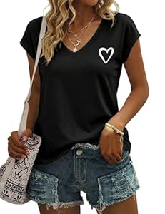 Gyabnw T-Shirt Femme Col V Chic Manches Courtes Haut Été Élégant avec Imprimé Cœur Sobre Top Décontracté Fluide Style Minimaliste pour Quotidien et Vacances