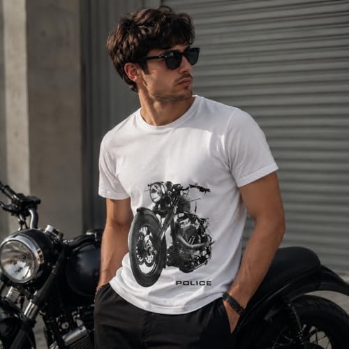 Image of Police Men's Graphic Print T-Shirt | Super Combed Cotton Rich Fabric | Round Neck Half Sleeve Casual Tee | Regular Fit | White