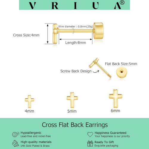 VRIUA Hypoallergenic Flat Back Earrings for Women - 14K Gold Plated Small Cross Flat Back Stud Earrings Cartilage Helix Piercing Jewelry by VRIUA - Used condition - Image 4