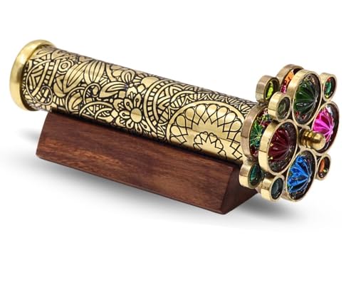 RII Handcrafted Etched Floral Pattern Lacquered Brass Kaleidoscope Includes Two Separate Turning Wheels-Unique Gift Ideas for Someone Special. (7