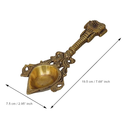 Image of eCraftIndia Golden Handcrafted Ethnic Design Brass Diya with Handle - Ideal for Home Pooja Mandir Temple for Ganesh Chaturthi, Navaratri, Diwali
