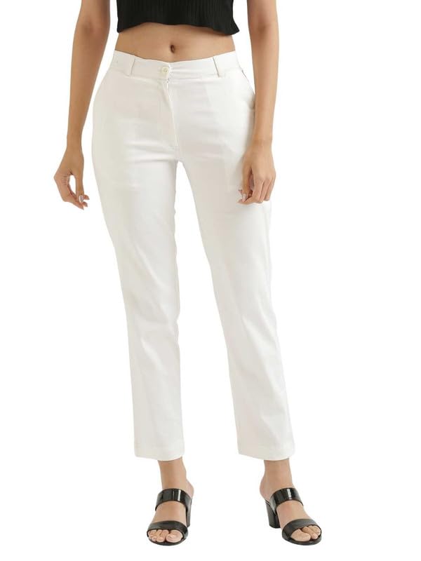 Image of SAADAA Women Pants Formal Straight Fit Cotton Satin Lycra Pant, Regular Fit Trouser for Office Work & Casual wear- Mid Rise, Elasticated Waistband, 4 Deep Pockets