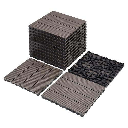 Interlocking Deck Tiles 11.8" x 11.8" - 9 PCS Wood-Plastic Composite Outdoor Flooring, Waterproof Patio Tiles for Balcony, Backyard, Porch, Garden, DIY Tool-Free Installation, Coffee