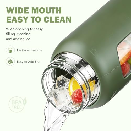 Image of 24 oz Glass Water Bottle with Straw - 2 Lids (Bamboo & Spout Lid), Motivational Borosilicate Glass Daily Water Intake Bottle with Time Marker, Silicone Sleeve for Gym Home Office-Olive