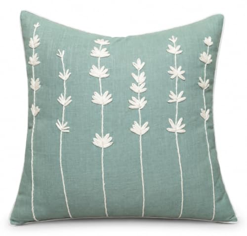 VAGMINE Embroidered Wildflower 18x18 Throw Pillow Cover, Light Teal