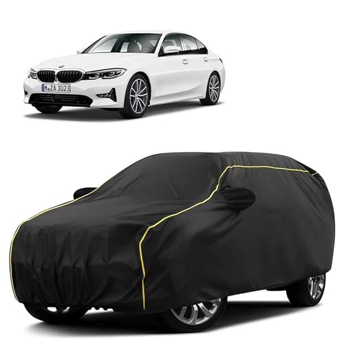Image of Sulfar 100% Water Resistant Car Body Cover Compatible with Mirror for BMW 3 Series (Triple Stitched, Full Bottom Elastic, Black Taffeta with Yellow Piping)