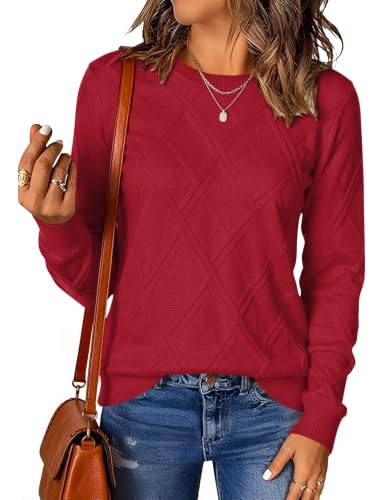 LOMON Ladies Sweaters Cable Knit Sweater Long Sleeve Casual Tops, Red L - image 1
