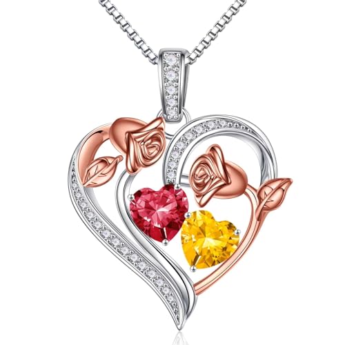 Iefil Birthstone Necklace for Women - 925 Sterling Silver Rose Heart Necklace, Birthstone Jewelry, Anniversary Birthday Gifts for Wife Girlfriend Mom Daughter