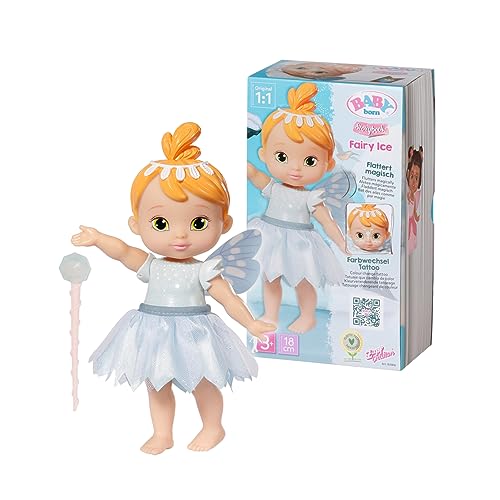 Baby Born Storybook Ice Hada de 18 cm con alas Que se mueven-Incluye muñeca, Varita mágica, Pedestal, Fondo y Libro ilustrado-Edad: 3+ años, Color (Zapf Creation 831816)